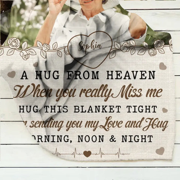 Personalized Memorial Fleece Throw Blanket & Quilt - Upload Photo - Memorial Gift Idea For Family Member - A Hug From Heaven
