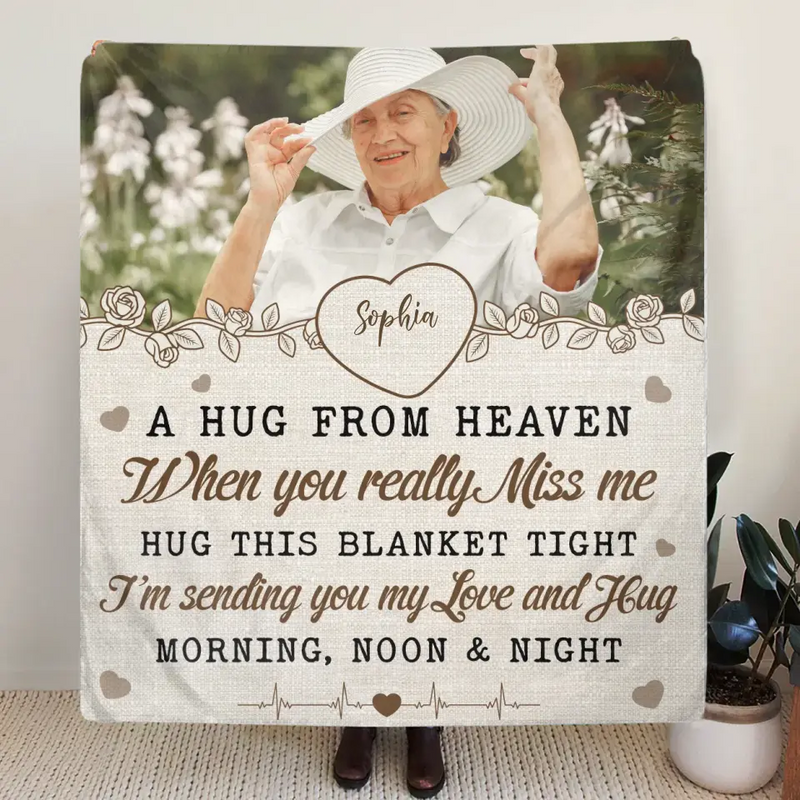 Personalized Memorial Fleece Throw Blanket & Quilt - Upload Photo - Memorial Gift Idea For Family Member - A Hug From Heaven
