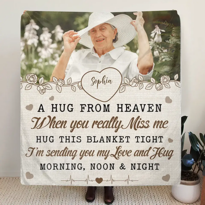 Personalized Memorial Fleece Throw Blanket & Quilt - Upload Photo - Memorial Gift Idea For Family Member - A Hug From Heaven