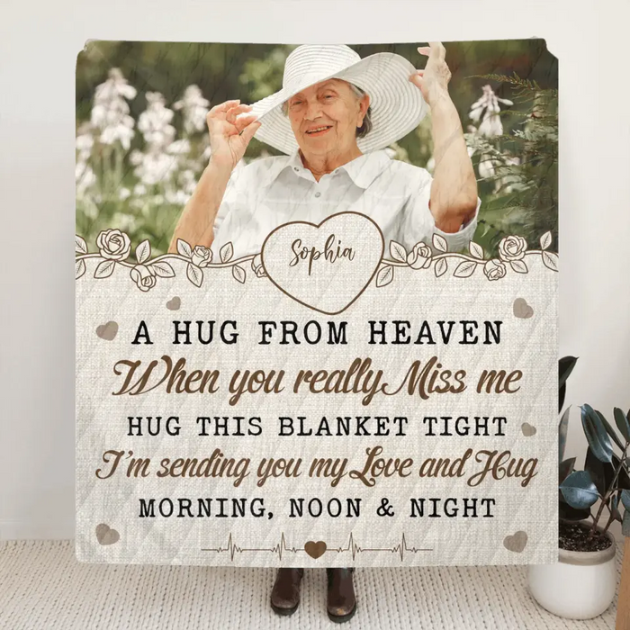 Personalized Memorial Fleece Throw Blanket & Quilt - Upload Photo - Memorial Gift Idea For Family Member - A Hug From Heaven