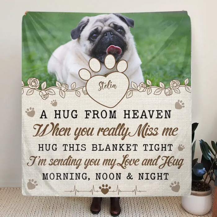 Personalized Memorial Pet Fleece Throw Blanket & Quilt - Upload Photo - Memorial Gift Idea For Pet Owners - A Hug From Heaven