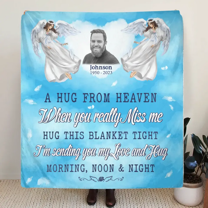 Personalized Memorial Fleece Throw Blanket & Quilt - Upload Photo - Memorial Gift Idea For Family Member - A Hug From Heaven