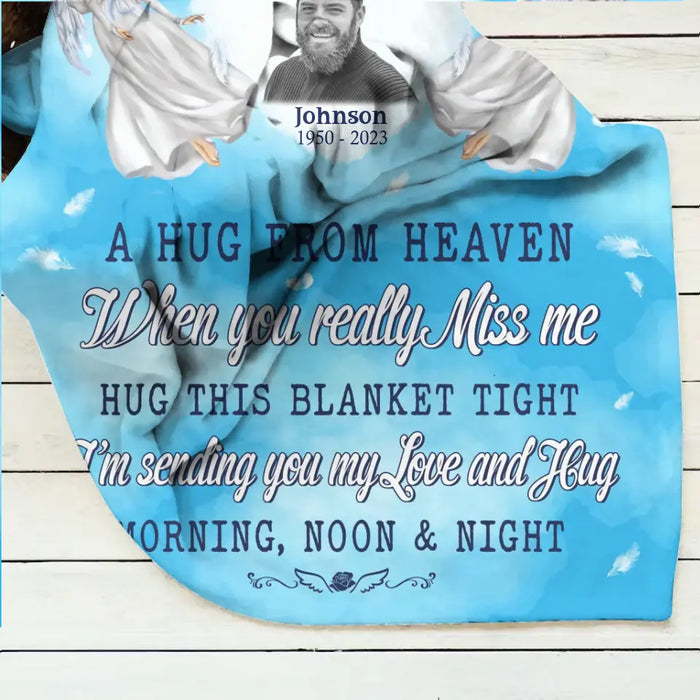 Personalized Memorial Fleece Throw Blanket & Quilt - Upload Photo - Memorial Gift Idea For Family Member - A Hug From Heaven