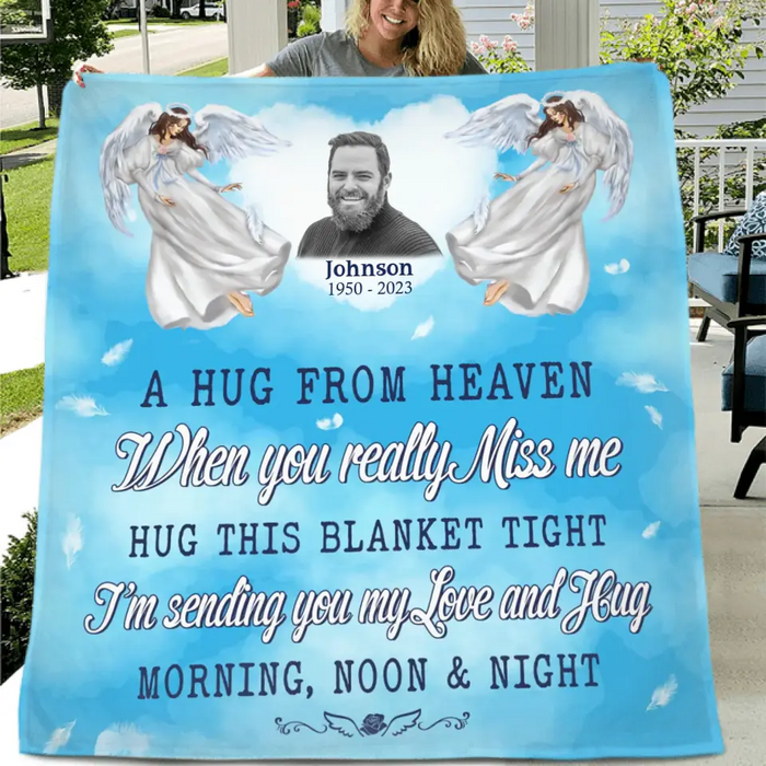 Personalized Memorial Fleece Throw Blanket & Quilt - Upload Photo - Memorial Gift Idea For Family Member - A Hug From Heaven
