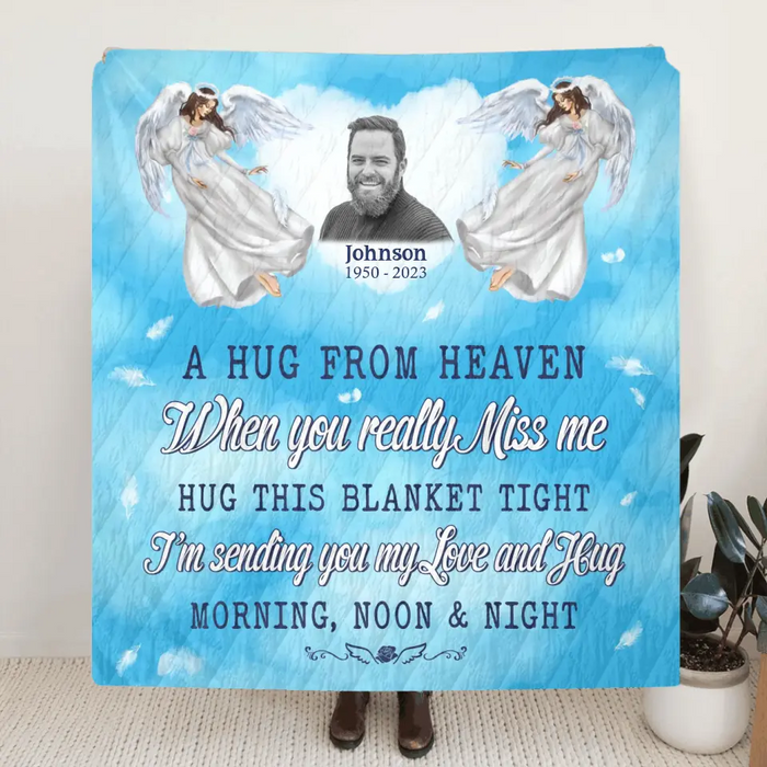 Personalized Memorial Fleece Throw Blanket & Quilt - Upload Photo - Memorial Gift Idea For Family Member - A Hug From Heaven