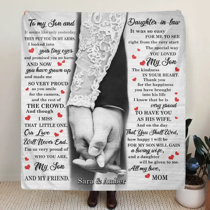Personalized To My Son And Daughter In Law Quilt/Fleece Throw Blanket - Gift For Son On Wedding Day From Mother Of Groom