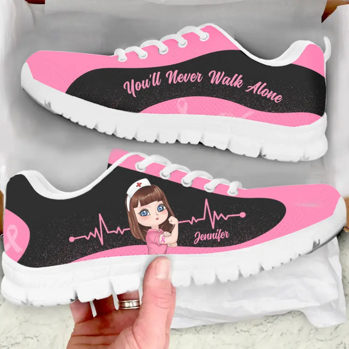 Personalized Breast Cancer Sneakers - Gift To Friend/Woman - You'll Never Walk Alone