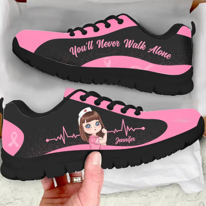 Personalized Breast Cancer Sneakers - Gift To Friend/Woman - You'll Never Walk Alone