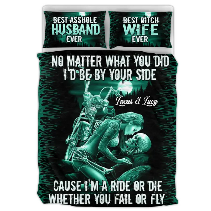 Personalized Skull Couple Quilt Bed Sets - Memorial Gift Idea For Him/Her - No Matter What You Did I'd Be By Your Side