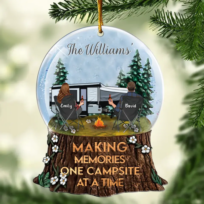 Personalized Camping Glitter Globe Acrylic Ornament - Couple/Parents With Up to 2 Kids And 3 Pets - Christmas Gift Idea For Camping Lovers - Making Memories One Campsite At A Time