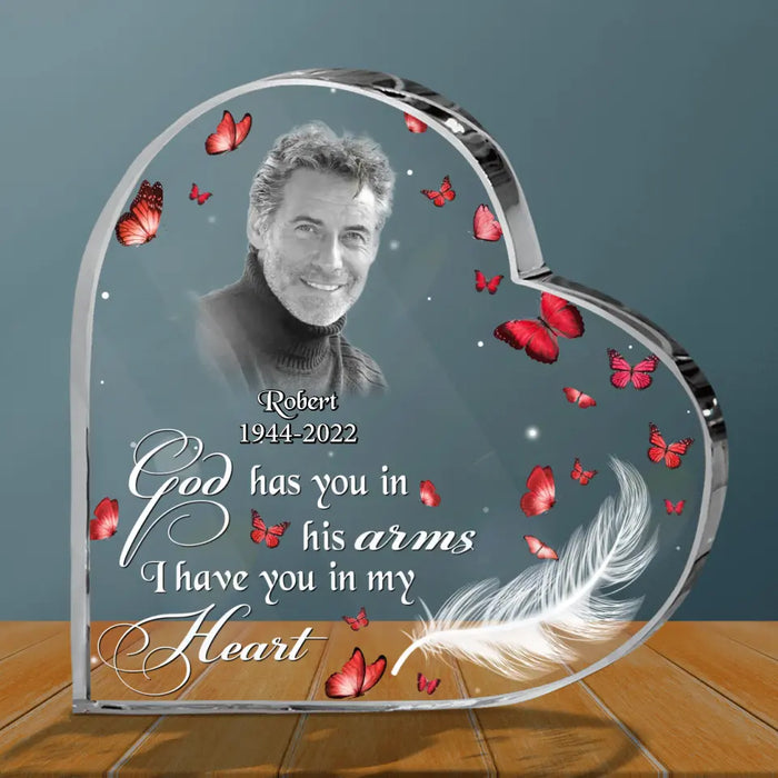 Custom Memorial Acrylic Plaque - Upload Photo - Memorial Gift Idea For Family - God Has You In His Arms I Have You In My Heart