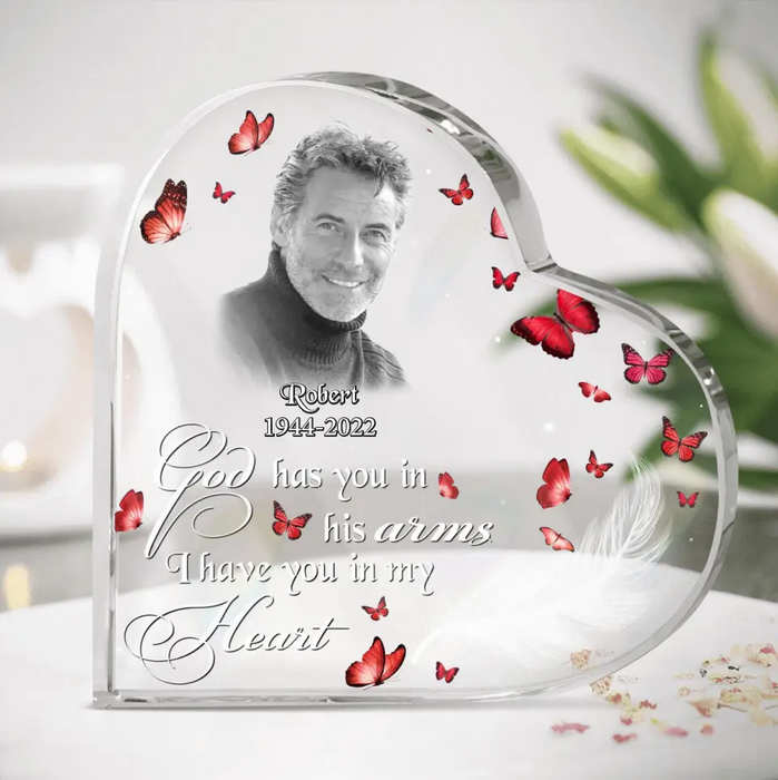 Custom Memorial Acrylic Plaque - Upload Photo - Memorial Gift Idea For Family - God Has You In His Arms I Have You In My Heart