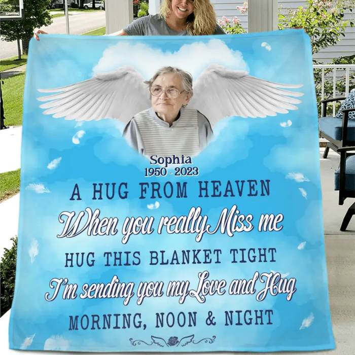 Personalized Memorial Quilt/Fleece Throw Blanket - Upload Photo - Memorial Gift Idea For Family Member - A Hug From Heaven