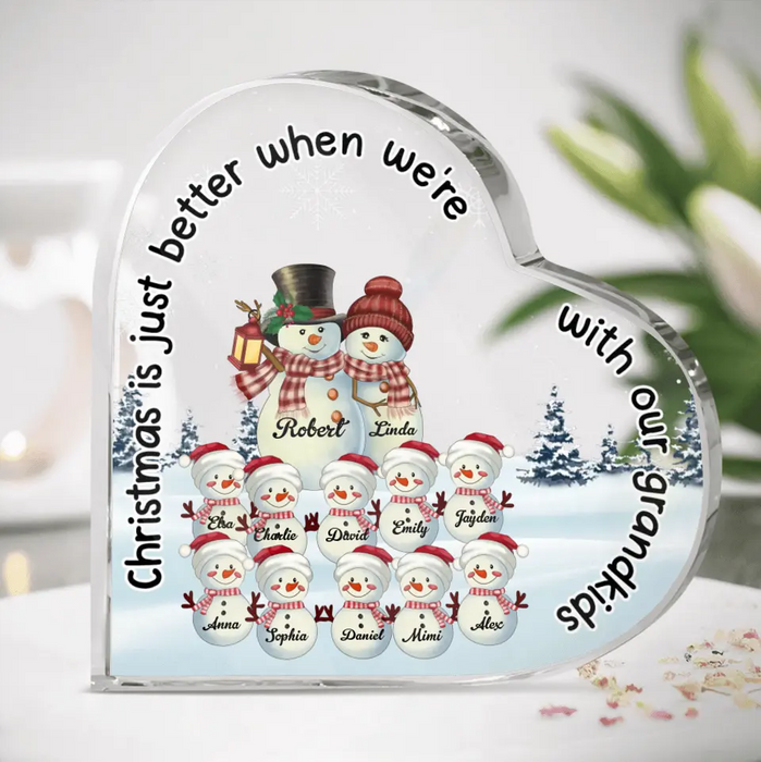 Personalized Grandma & Snowman Crystal Heart - Gift Idea For Grandma/Christmas - Up to 10 Grandkids - Christmas Is Just Better When We're With Our Grandkids
