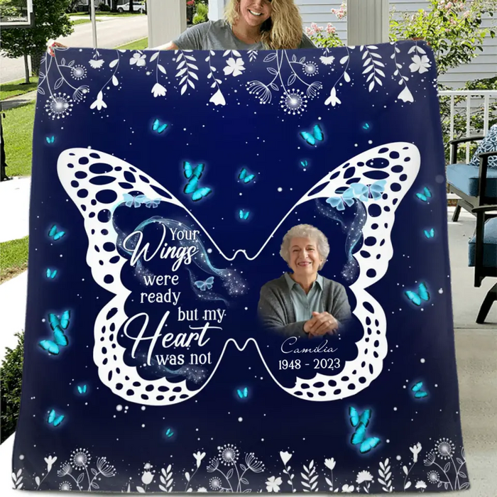 Personalized Memorial Fleece Throw Blanket & Quilt - Upload Photo - Memorial Gift Idea For Family Member - Your Wings Were Ready But My Heart Was Not