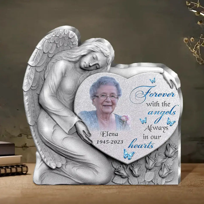 Personalized Angel Heart Memorial Acrylic Plaque - Memorial Gift Idea For Family Member/Pet Lover - Upload Photo - Forever With The Angels Always In Our Hearts