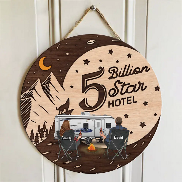 Personalized Camping Wooden Sign - Gift Idea For Family/Camping Lover - Couple/ Parents With Up to 3 Kids And 3 Pets - 5 Billion Star Hotel