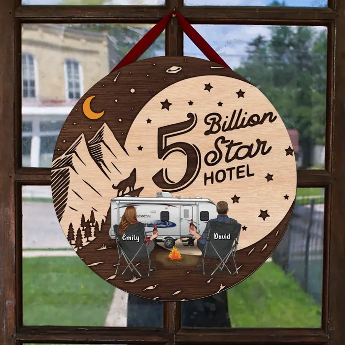 Personalized Camping Wooden Sign - Gift Idea For Family/Camping Lover - Couple/ Parents With Up to 3 Kids And 3 Pets - 5 Billion Star Hotel
