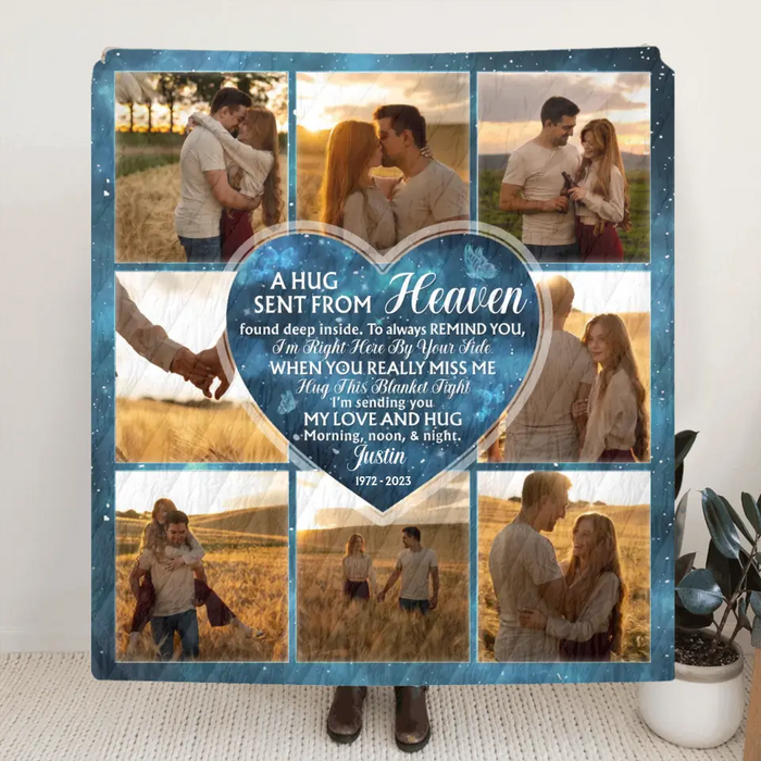 Personalized Memorial Fleece Throw Blanket & Quilt - Upload Photo - Memorial Gift Idea For Husband/Wife - A Hug Sent From Heaven