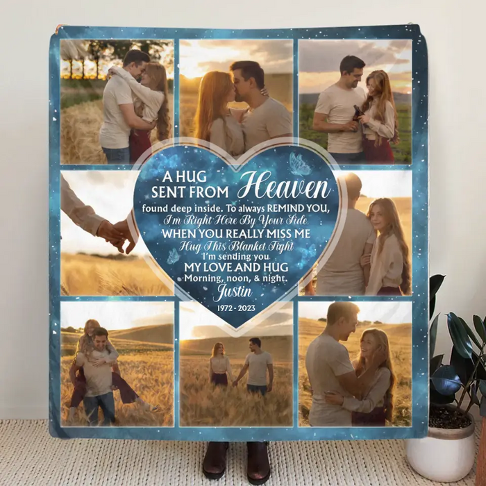 Personalized Memorial Fleece Throw Blanket & Quilt - Upload Photo - Memorial Gift Idea For Husband/Wife - A Hug Sent From Heaven
