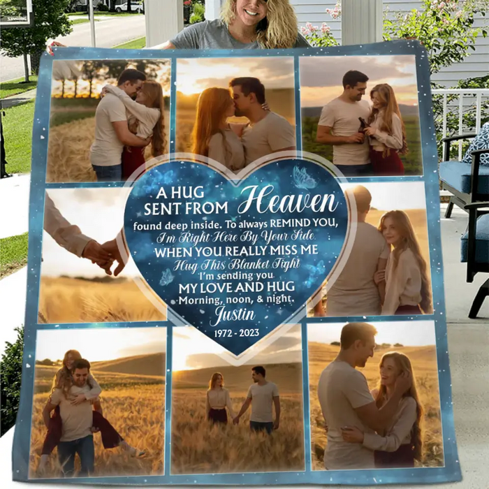Personalized Memorial Fleece Throw Blanket & Quilt - Upload Photo - Memorial Gift Idea For Husband/Wife - A Hug Sent From Heaven