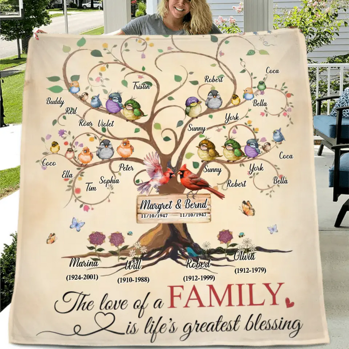 Personalized Memorial Family Quilt/Fleece Throw Blanket - Memorial Gift Idea - Family Of 4 Generations - The Love Of A Family Is Life's Greatest Blessing