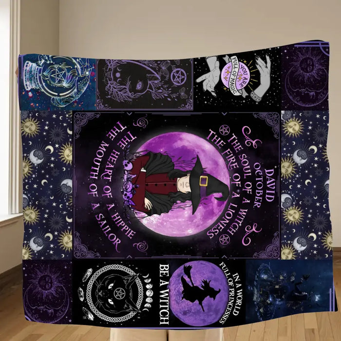 Personalized Witch Male Fleece Throw Blanket & Quilt - Halloween Gift Idea For Witch Lovers - October The Soul of A Witch The Fire Of A Lioness