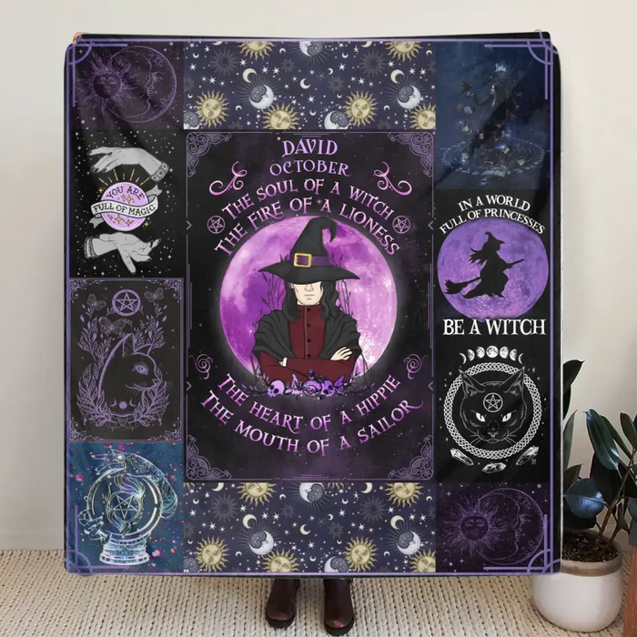 Personalized Witch Male Fleece Throw Blanket & Quilt - Halloween Gift Idea For Witch Lovers - October The Soul of A Witch The Fire Of A Lioness