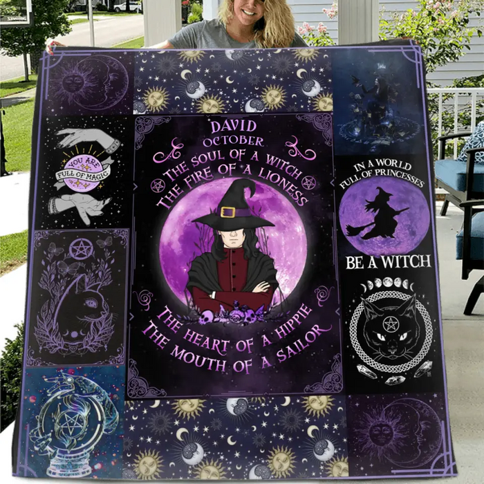 Personalized Witch Male Fleece Throw Blanket & Quilt - Halloween Gift Idea For Witch Lovers - October The Soul of A Witch The Fire Of A Lioness