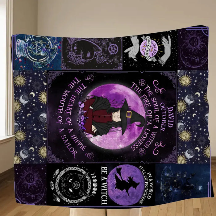 Personalized Witch Male Fleece Throw Blanket & Quilt - Halloween Gift Idea For Witch Lovers - October The Soul of A Witch The Fire Of A Lioness