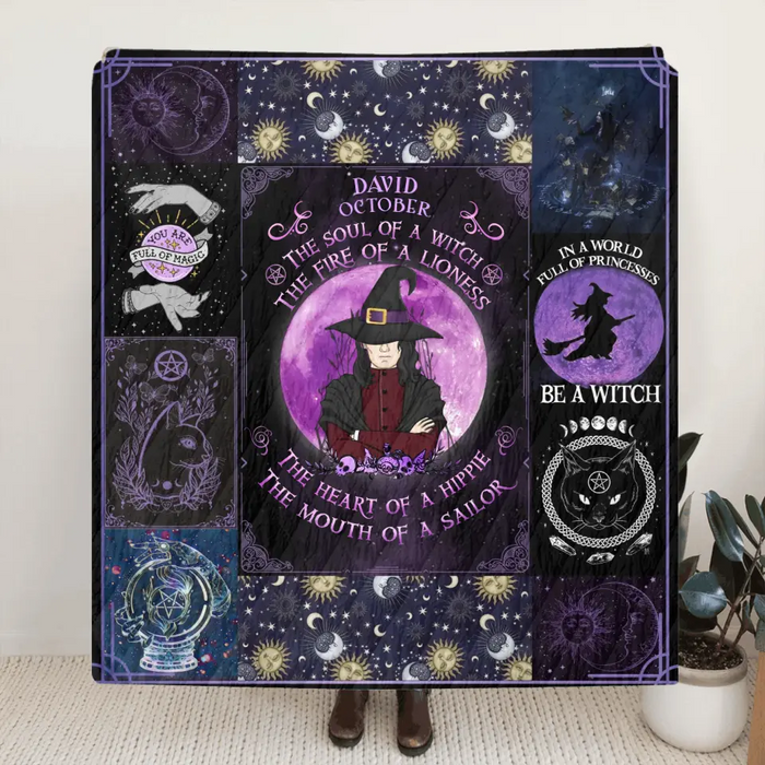 Personalized Witch Male Fleece Throw Blanket & Quilt - Halloween Gift Idea For Witch Lovers - October The Soul of A Witch The Fire Of A Lioness