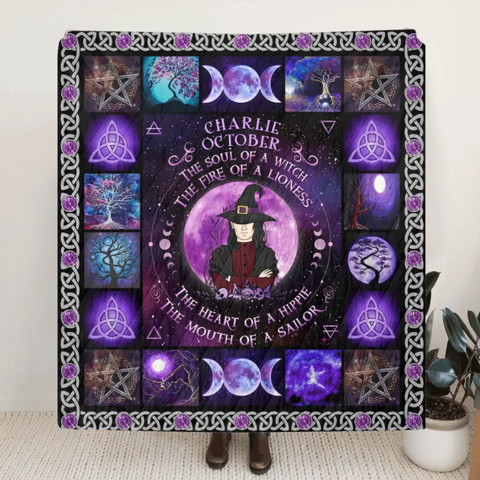 Personalized Witch Male Fleece Throw Blanket & Quilt - Halloween Gift Idea For Witch Lovers - October The Fire Of A Lioness