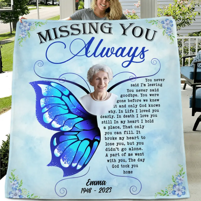 Personalized Memorial Quilt/Fleece Throw Blanket - Upload Photo - Memorial Gift Idea For Family Member - You Never Said I'm Leaving