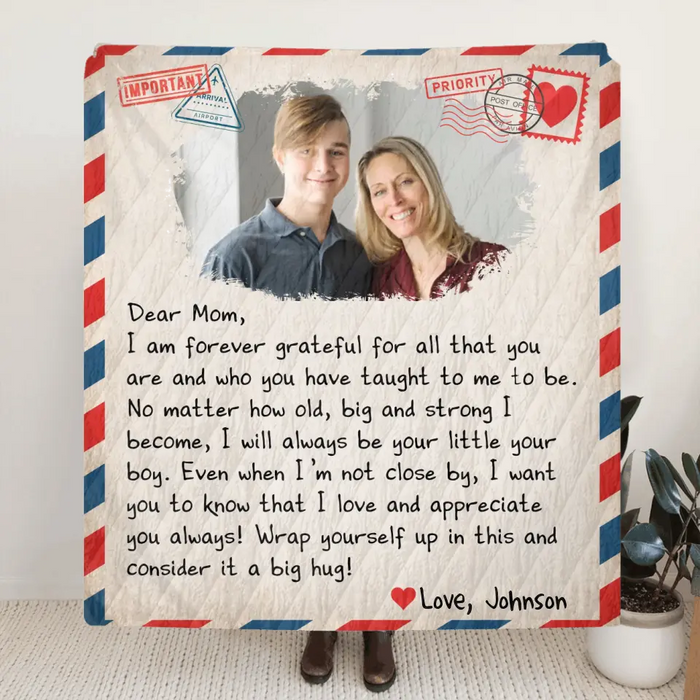 Personalized Mom & Son Photo Quilt/Fleece Throw Blanket - Gift Idea For Mom - Upload Photo - I Am Forever Grateful