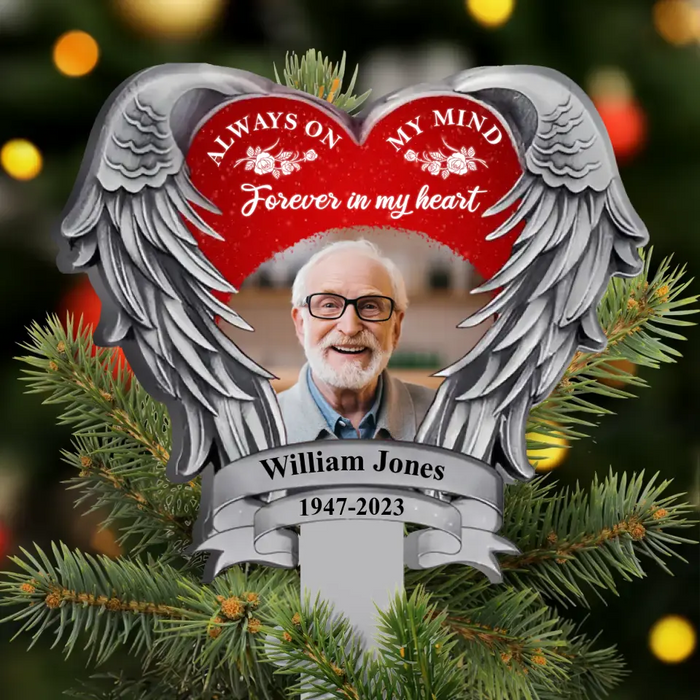 Personalized Memorial Heart Wings Tree Topper - Upload Photo - Memorial Gift Idea For Christmas - Always On My Mind Forever In My Heart