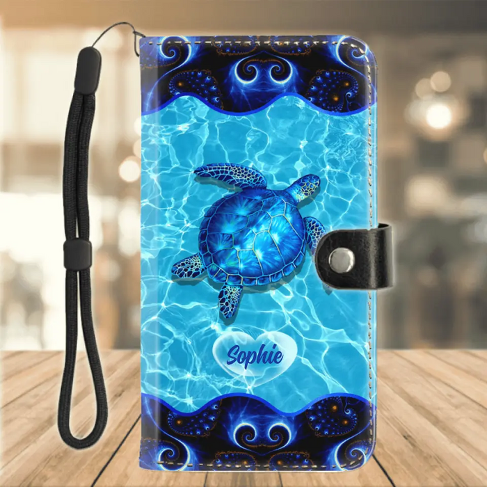 Personalized Sea Turtle Flip Leather Purse For Mobile Phone - Up to 5 Turtles - Gift Idea For Turtle Lover