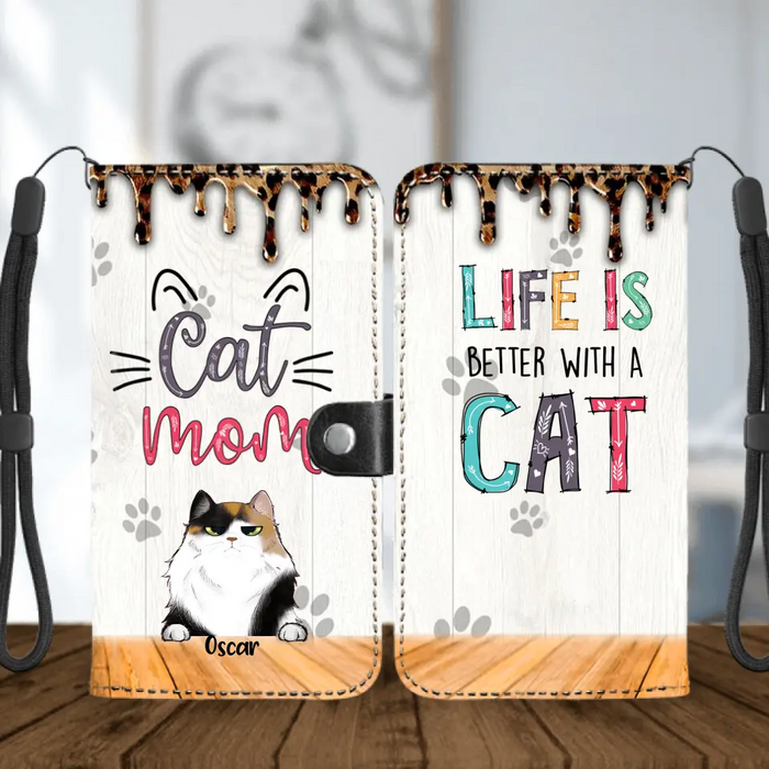 Personalized Cat Mom Flip Leather Purse For Mobile Phone - Up to 5 Cats - Gift Idea For Cat Lover - Life Is Better With Cats