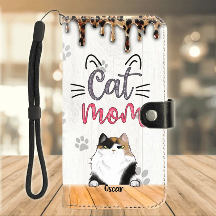 Personalized Cat Mom Flip Leather Purse For Mobile Phone - Up to 5 Cats - Gift Idea For Cat Lover - Life Is Better With Cats