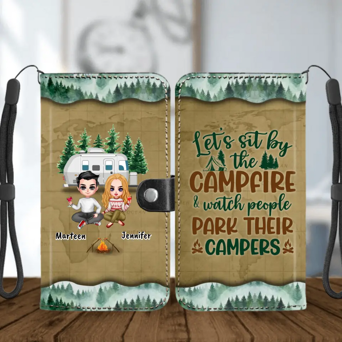 Personalized Camping Couple And Dog Flip Leather Purse For Mobile Phone - Up to 2 Dogs - Gift Idea For Dog/Camping Lovers - Camping Partners For Life