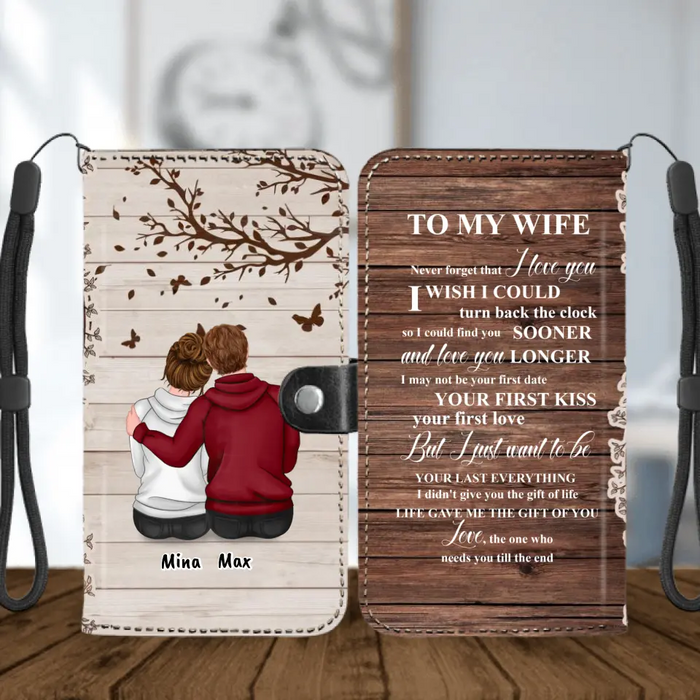 Personalized Half Wood Texture Couple Sitting Back View Phone Wallet - Gift For Him/For Her - To My Wife Never Forget That I Love You
