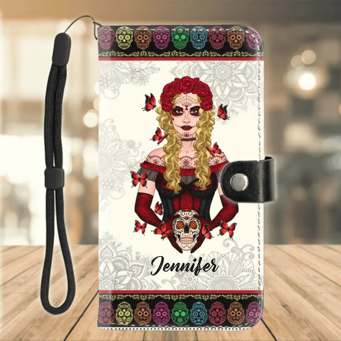 Personalized Sugar Skull Flip Leather Purse For Mobile Phone - Skull Gift For Girl - I'm Mostly Peace, Love And Light