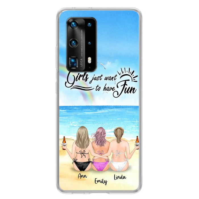 Personalized Best Friends Phone Case - Up to 3 Besties - Girls Just Want To Have Fun - Bikini Girls With Drinks