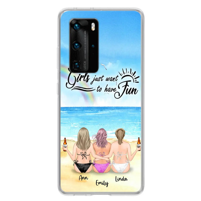 Personalized Best Friends Phone Case - Up to 3 Besties - Girls Just Want To Have Fun - Bikini Girls With Drinks