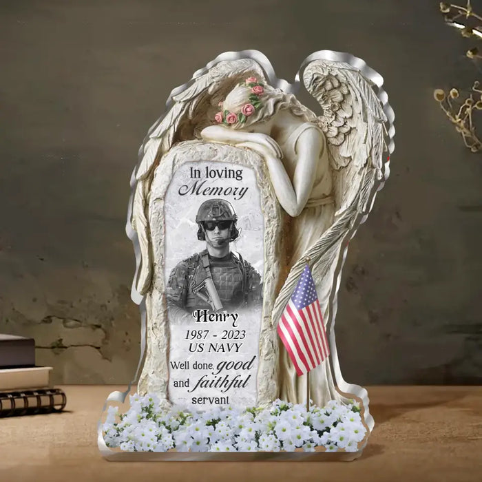 Personalized Veteran Angel In Loving Memory Acrylic Plaque - Memorial Gift Idea For Veteran - Upload Photo - Well Done, Good And Faithful Servant