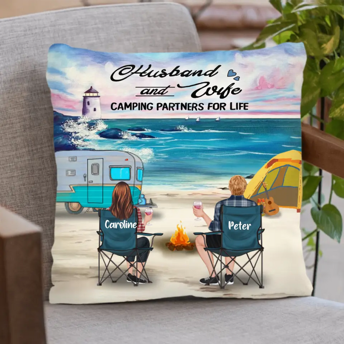 Personalized Beach Camping Pillow Cover/Quilt/Fleece Blanket - Couple/Parents With Up to 3 Kids, 4 Pets - Gift Idea For Family Camping Lover - Husband & Wife Camping Partners For Life