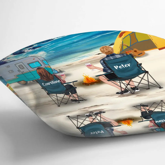 Personalized Beach Camping Pillow Cover/Quilt/Fleece Blanket - Couple/Parents With Up to 3 Kids, 4 Pets - Gift Idea For Family Camping Lover - Husband & Wife Camping Partners For Life
