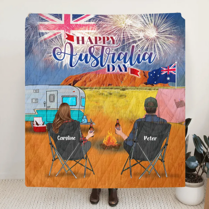 Personalized Camping Happy Australia Day Quilt/Fleece Blanket - Couple/Parents With Up to 3 Kids And 4 Pets - Gift Idea For Camping Lover