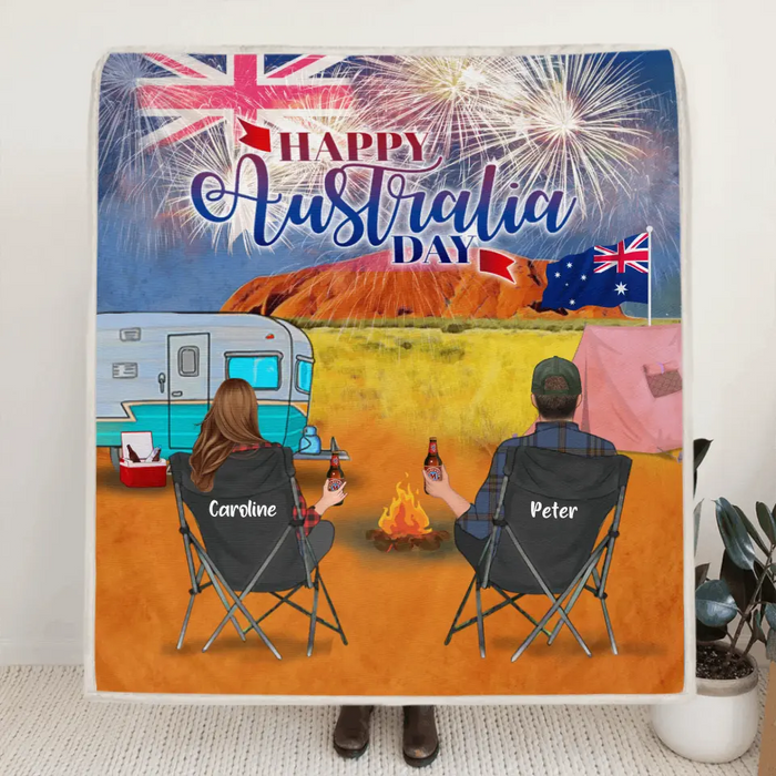 Personalized Camping Happy Australia Day Quilt/Fleece Blanket - Couple/Parents With Up to 3 Kids And 4 Pets - Gift Idea For Camping Lover