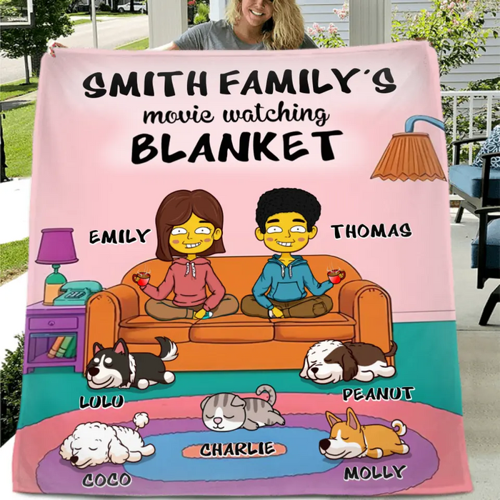 Personalized Couple Quilt/Fleece Blanket - Up to 5 Pets - Valentine Gift For Couple/Dog/Cat Lovers - Movie Watching Blanket