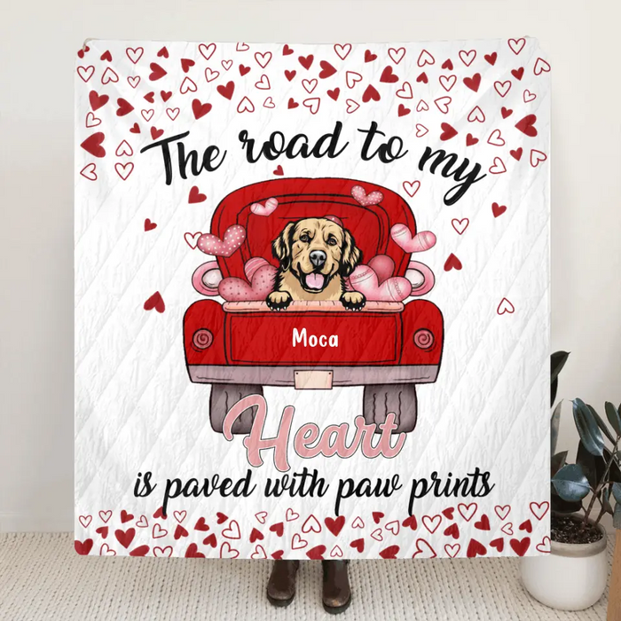 Personalized Dog Quilt/Fleece Throw Blanket - Up to 5 Dogs - Gift Idea For Dog Lover - The Road To My Heart Is Paved With Paw Prints